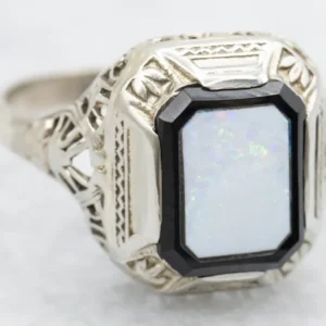 Art Deco Black Onyx and Opal Inlay Filigree Ring