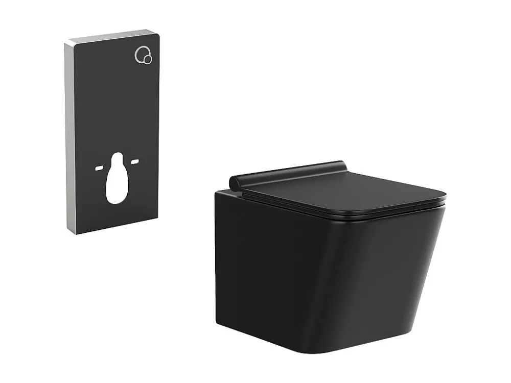 Hangtoilet pakket mat zwart keramiek met decoratieve inbouwreservoir, CLEMONA