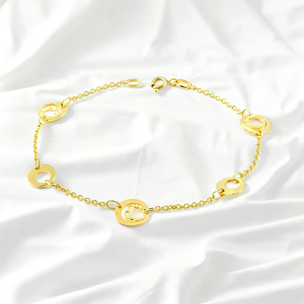 9K Yellow Verguld Women's Bracelet Round Shine and Texture 18 cm