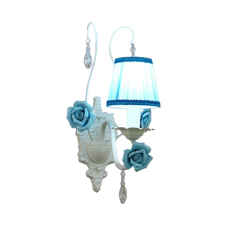 Witte wandlamp met 1/2 kop, romantische pastorale stoffen kegelwandlamp met heldere kristallen druppel Snel Droog