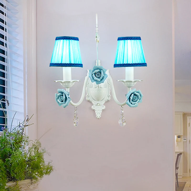 Witte wandlamp met 1/2 kop, romantische pastorale stoffen kegelwandlamp met heldere kristallen druppel Snel Droog