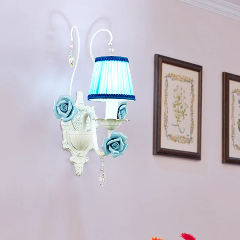 Witte wandlamp met 1/2 kop, romantische pastorale stoffen kegelwandlamp met heldere kristallen druppel Snel Droog