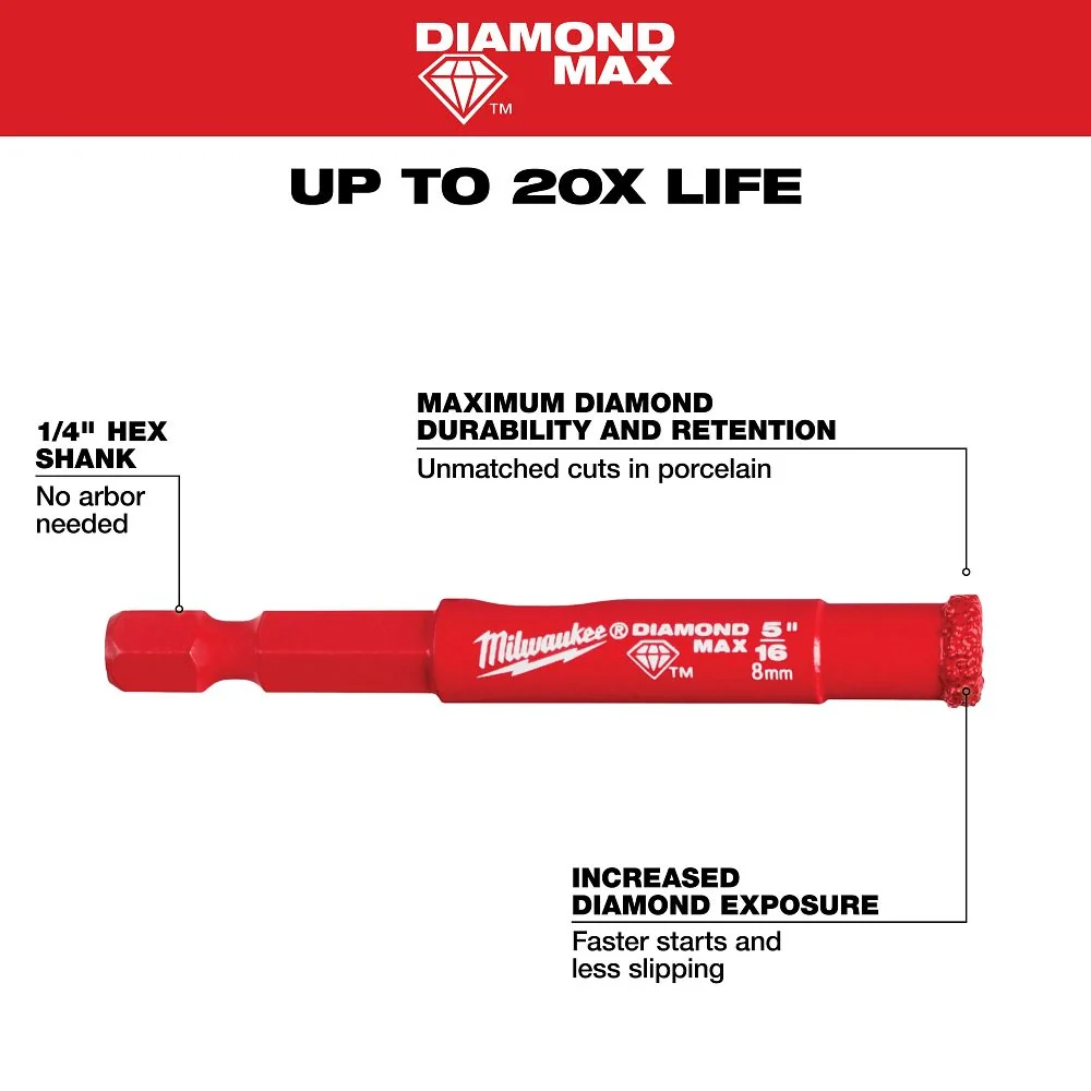 Milwaukee Tools 5/16" Diamond Max™ Hole Saw Bit 49-56-0507 4-snijend ontwerp
