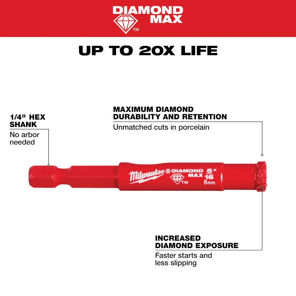 Milwaukee Tools 5/16" Diamond Max™ Hole Saw Bit 49-56-0507 4-snijend ontwerp