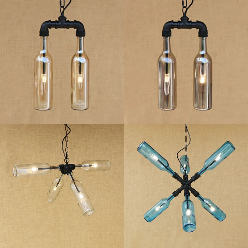 Glass Clear/Blue Pendant Light Bottle Shade 2/4/6 Lights Industrial Style Ceiling Fixture Pipe Design Black/Aged Geel kope...