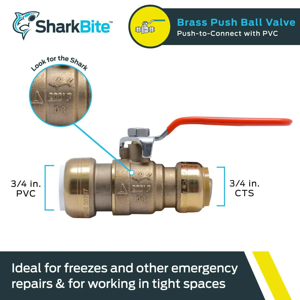 SharkBite 3/4 . Push-to-Connect PVC IPS x 3/4 . CTS Geel koper Ball Valve