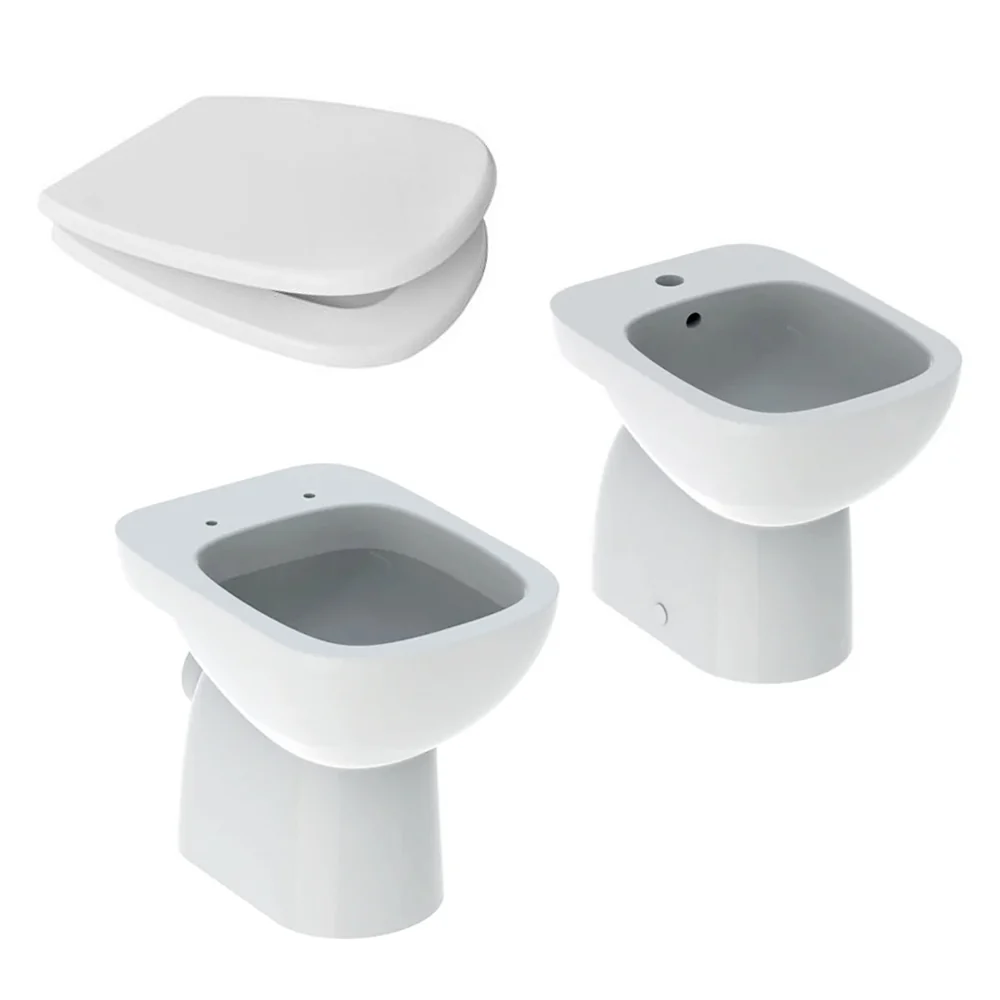 Wall-mounted spaced sanitary fixtures floor drain WC+bidet + soft close seat Geberit 'Fantasia' 53.5 cm