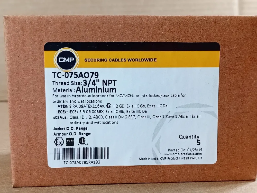 3/4" NPT Cable Gland Connector TC-075A079 (Box 5)