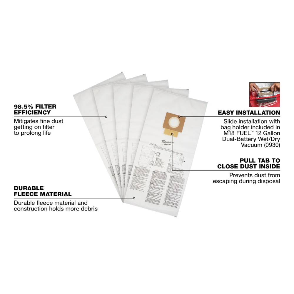 MILWAUKEE 12 Gallon Warme stof Dust Bags (5 PACK)