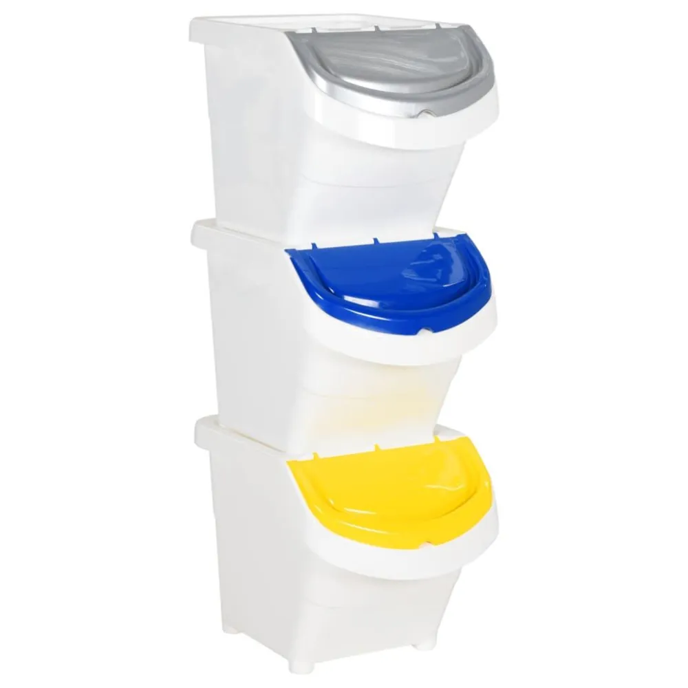 Afvalbakken met deksels stapelbaar 3 st PP 78 L wit Gemaakt van Recycled Plastic