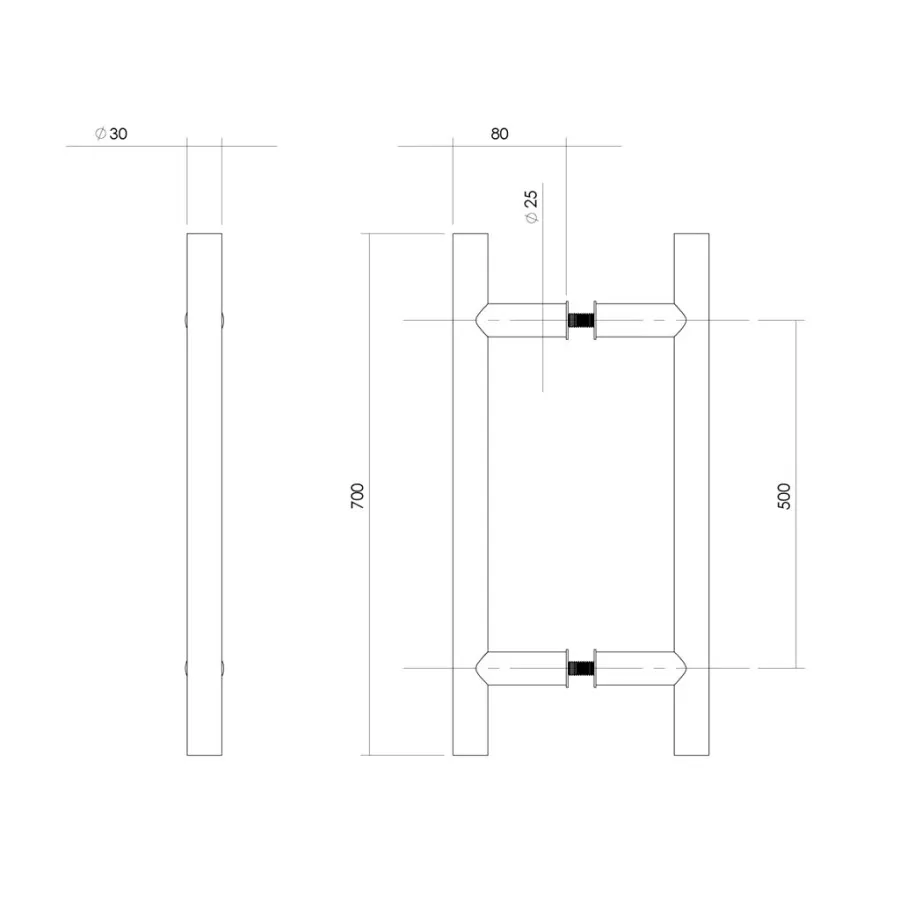Intersteel deurgrepen T-vorm - 700 mm - Ø 30 mm - RVS geborsteld