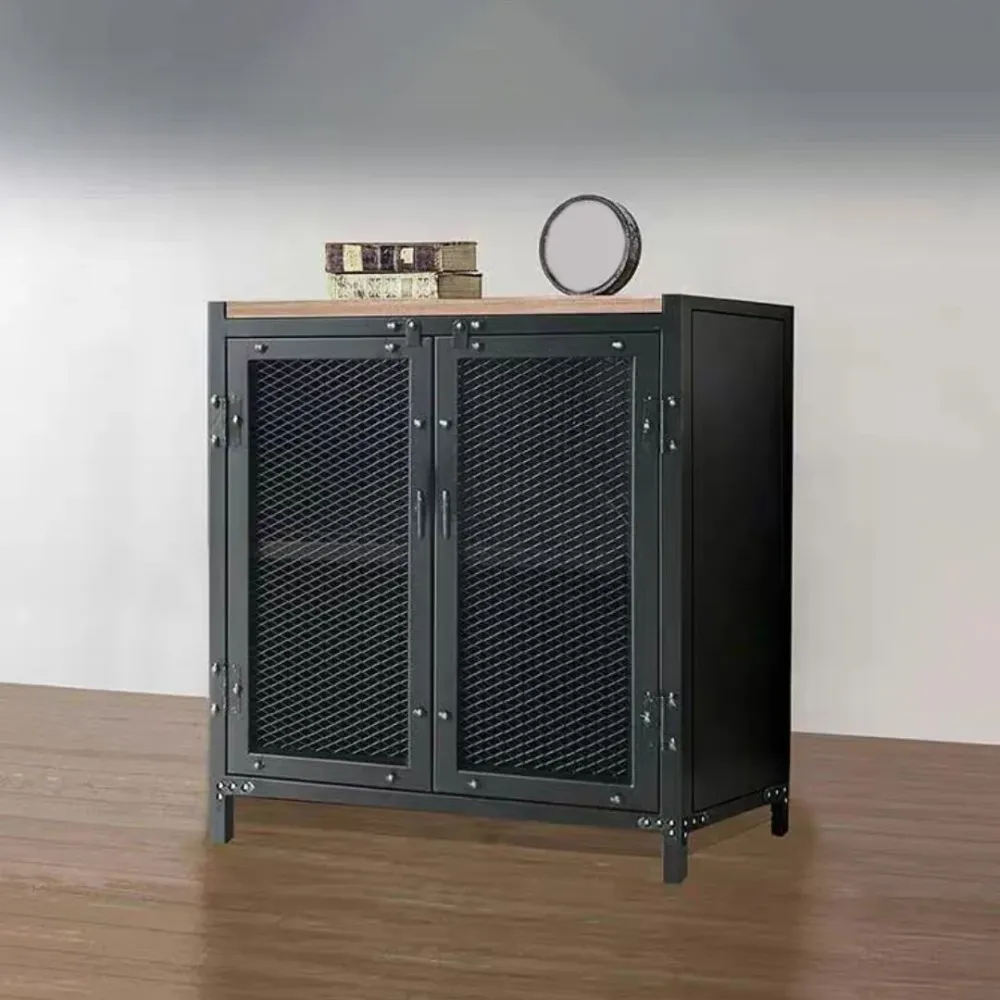 29.5" Tall Metalen Accent Cabinet Industrial 2 - Door Chest Wood Top met Veiligheidsborg 24l