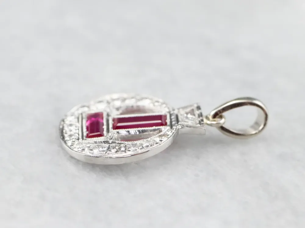 Industrieel Zwaar Belastbaar Art Deco Synthetic Ruby and Diamond Pendant