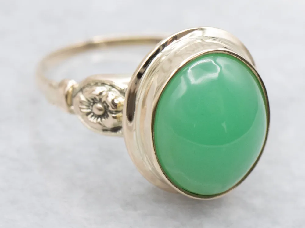 Floral Bezel Set Solitaire Chryoprase Ouderwets Ring met CE-Keurmerk