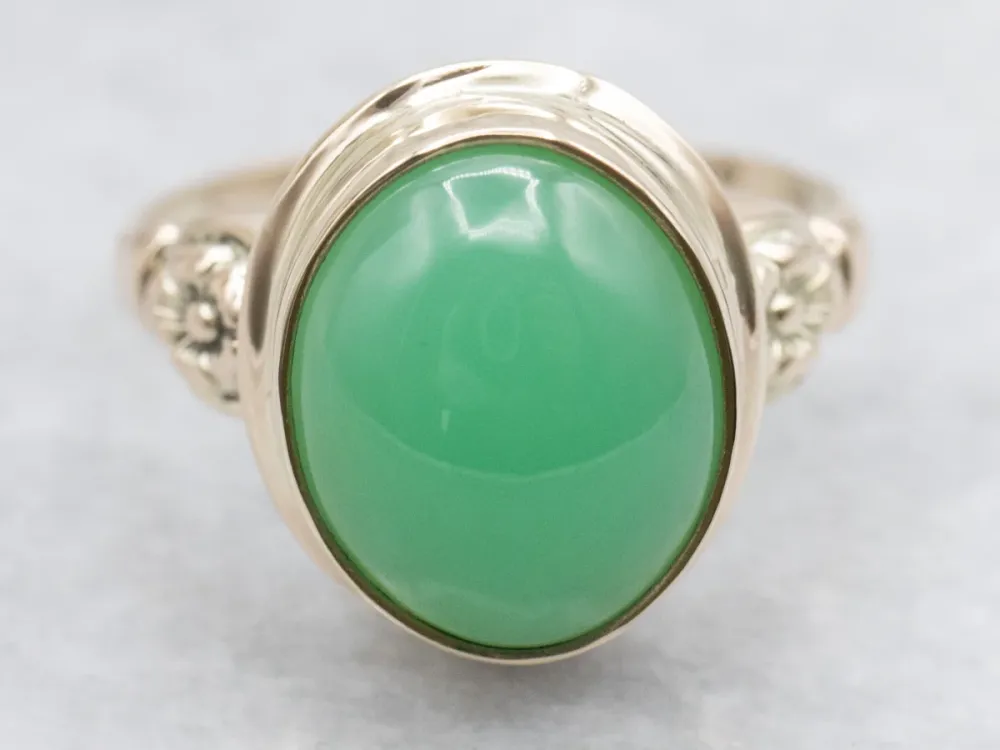 Floral Bezel Set Solitaire Chryoprase Ouderwets Ring met CE-Keurmerk