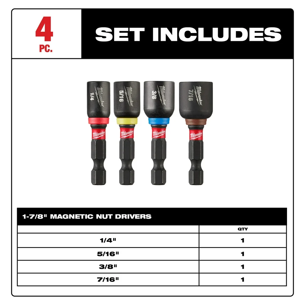 MILWAUKEE 4 PC. SHOCKWAVE IMPACT DUTY™ 1-7/8" Magnetic Nut Driver Set Roestvrij Staal Uitvoering