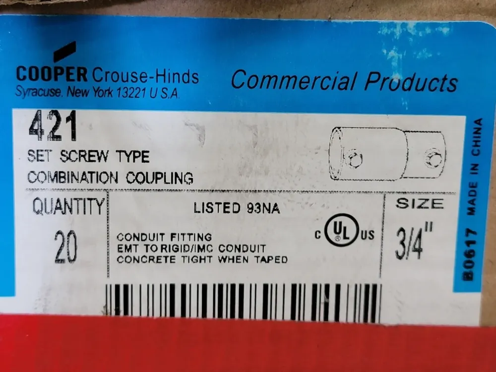 3/4" Set Screw EMT Combination Coupling 421 (Box 20) Compatible met 20mm Gaten