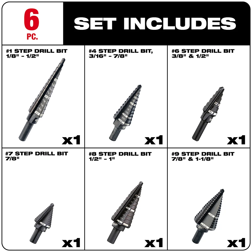 Vertraagde Uitschuif MILWAUKEE 6 PC. Step Drill Bit Set