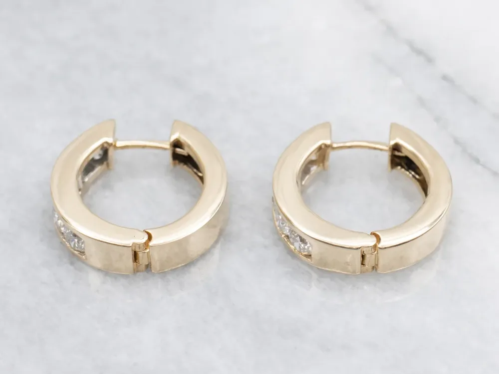 Yellow Gold Channel Set Diamond Hoop Earrings