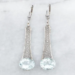 Betonanker Art Deco Aquamarine Filigree Drop Earrings