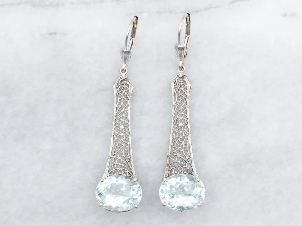 Betonanker Art Deco Aquamarine Filigree Drop Earrings