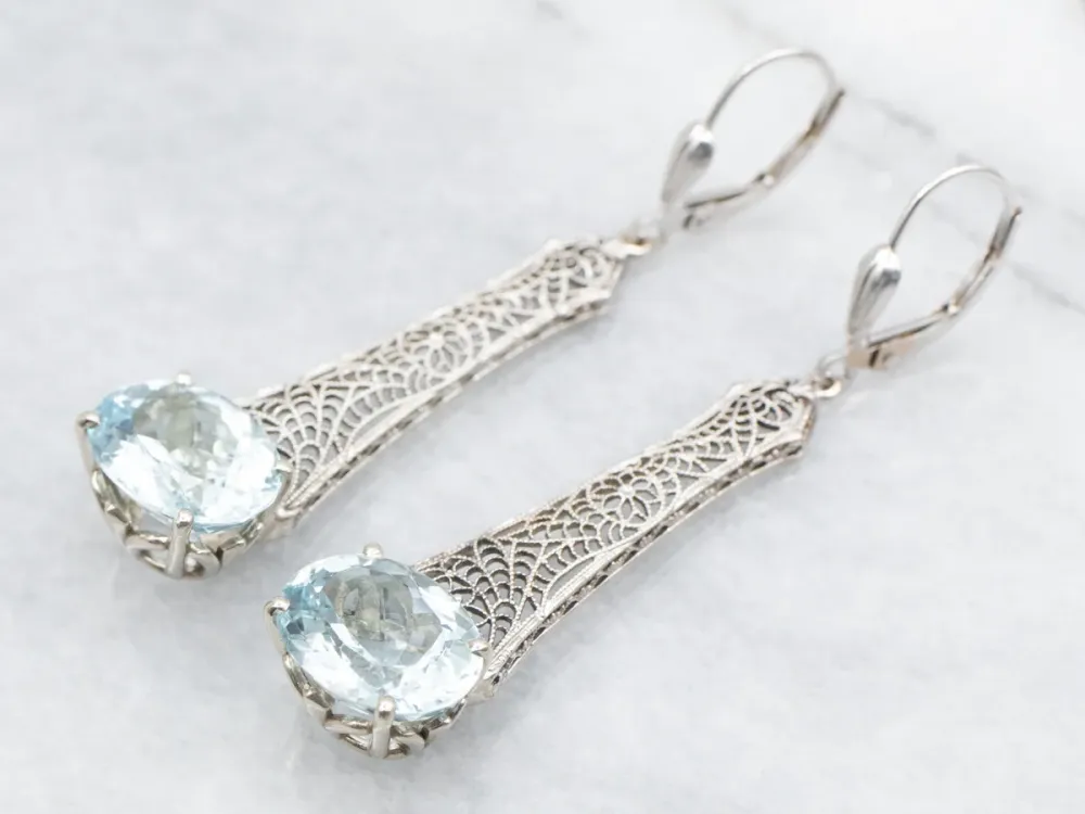 Betonanker Art Deco Aquamarine Filigree Drop Earrings