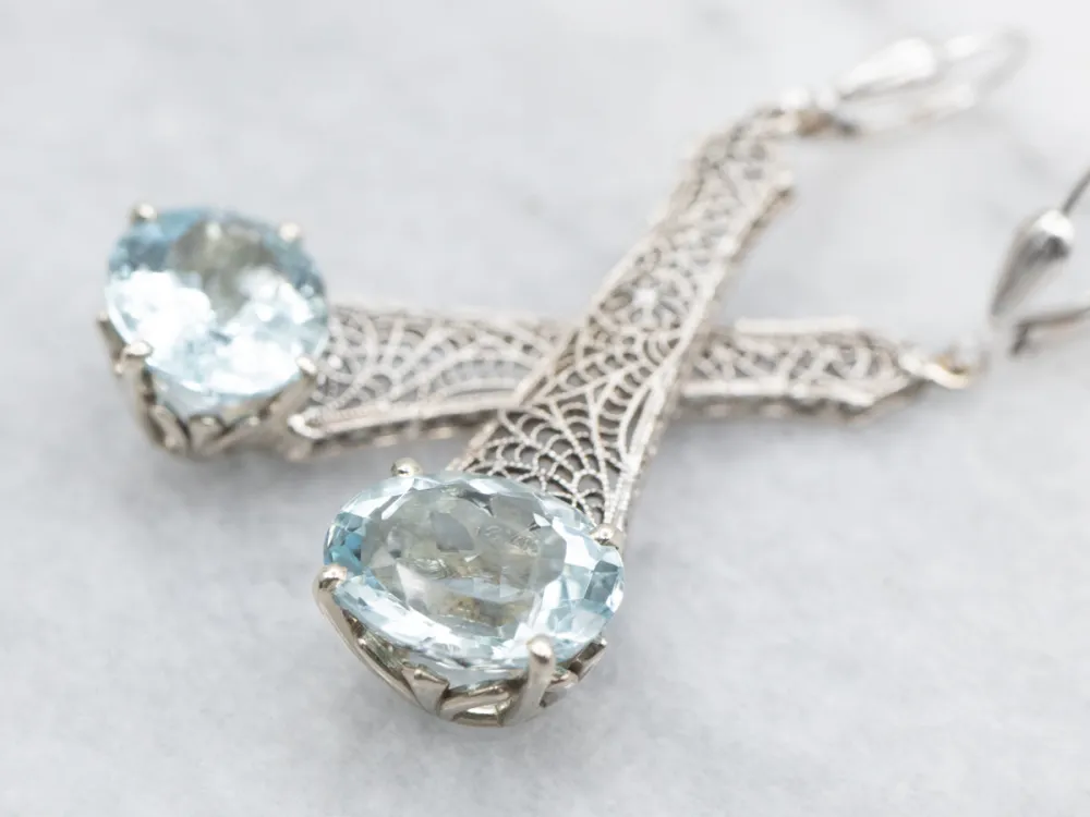 Betonanker Art Deco Aquamarine Filigree Drop Earrings