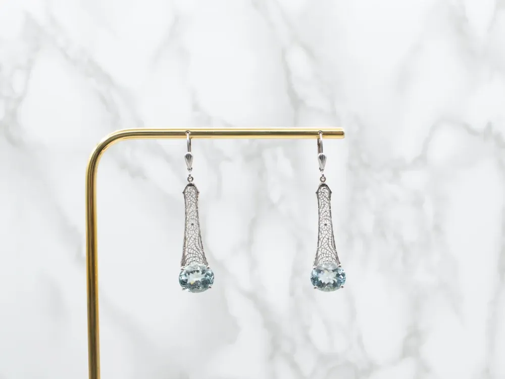 Betonanker Art Deco Aquamarine Filigree Drop Earrings