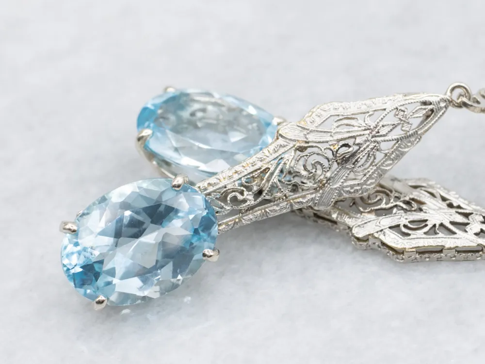 Blue Topaz Art Deco Filigree Drop Earrings
