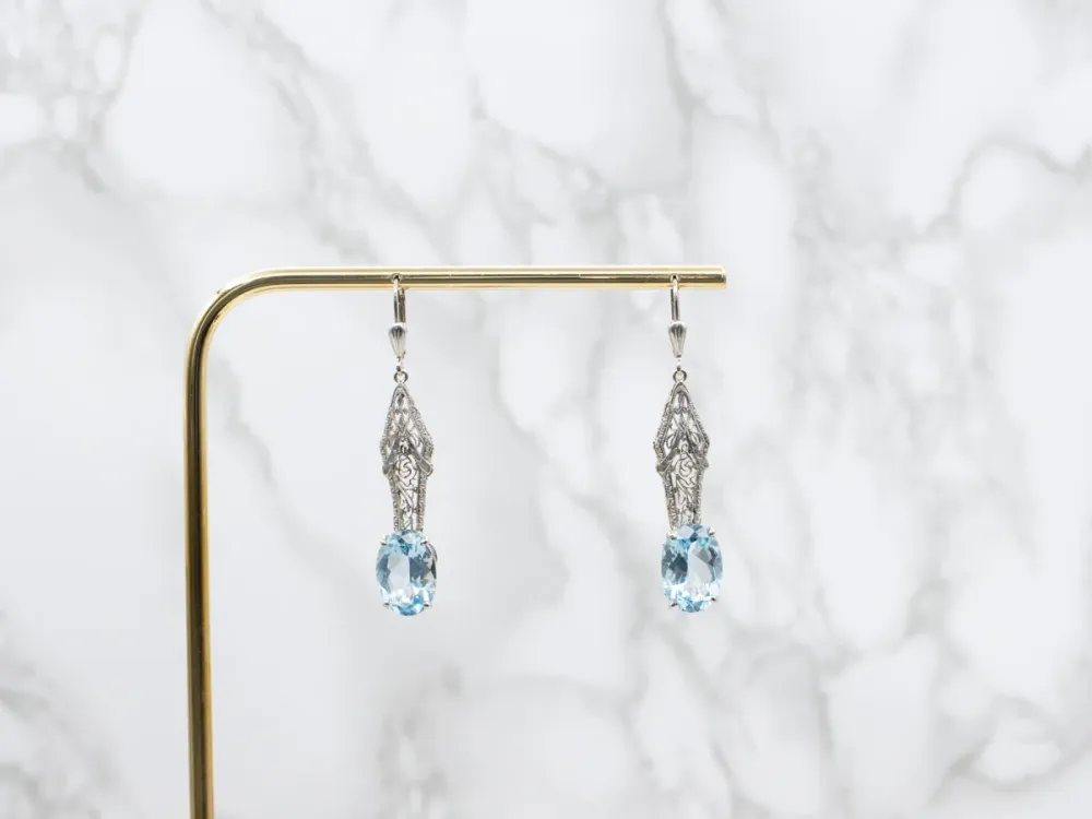 Blue Topaz Art Deco Filigree Drop Earrings