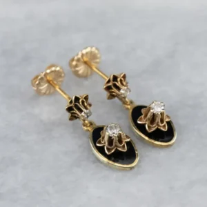 Gegalvaniseerd RVS Buttercup Diamond Zwart Enamel Drop Earrings