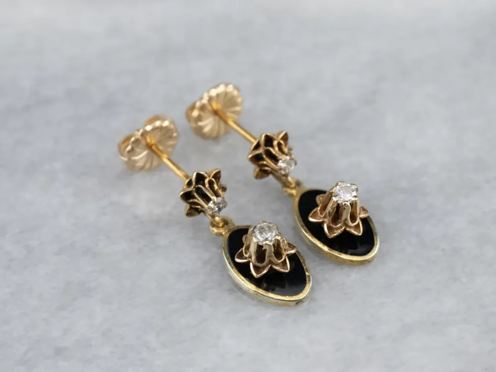 Gegalvaniseerd RVS Buttercup Diamond Zwart Enamel Drop Earrings