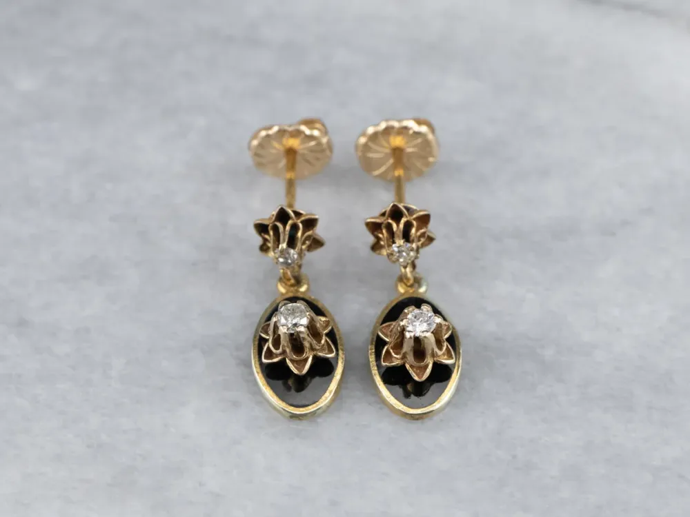 Gegalvaniseerd RVS Buttercup Diamond Zwart Enamel Drop Earrings