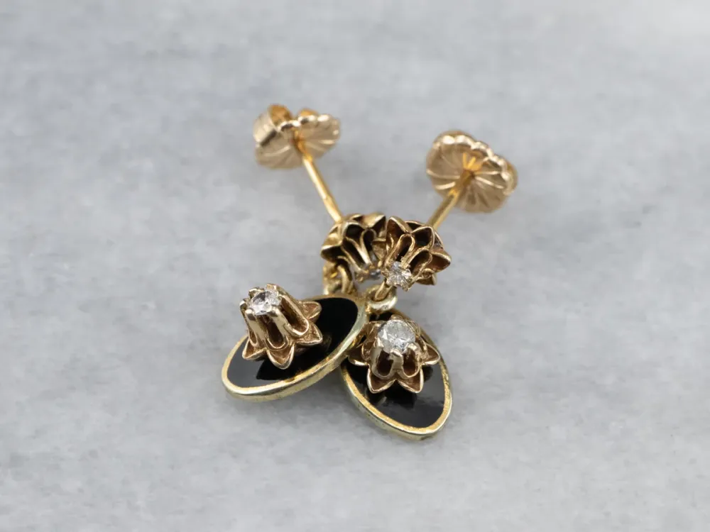 Gegalvaniseerd RVS Buttercup Diamond Zwart Enamel Drop Earrings