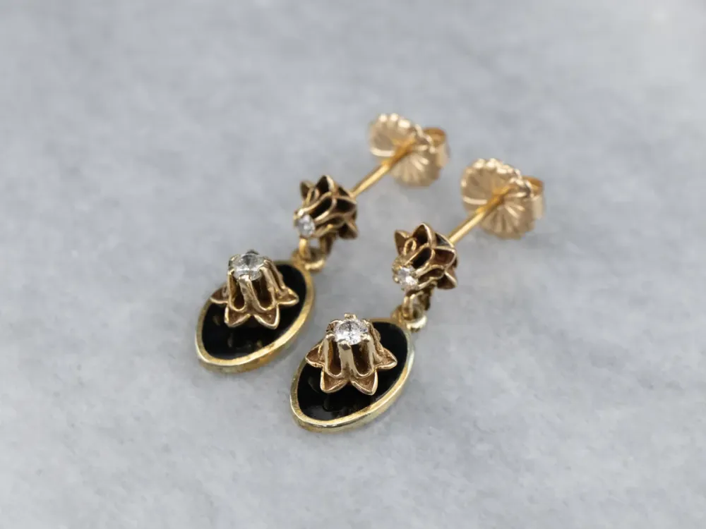 Gegalvaniseerd RVS Buttercup Diamond Zwart Enamel Drop Earrings