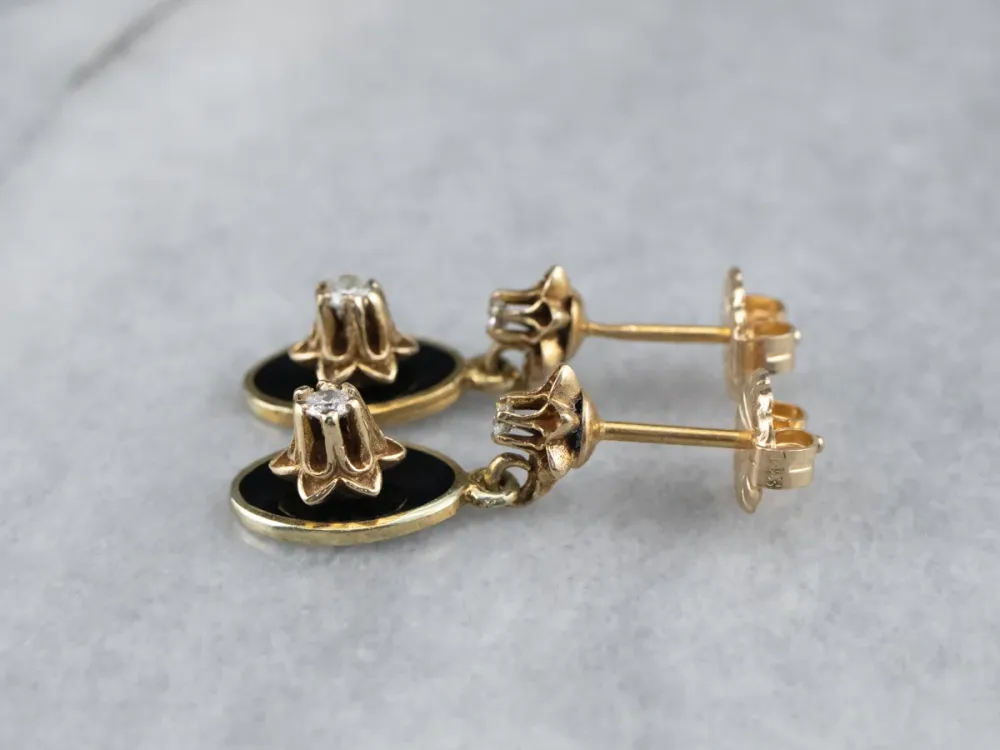 Gegalvaniseerd RVS Buttercup Diamond Zwart Enamel Drop Earrings