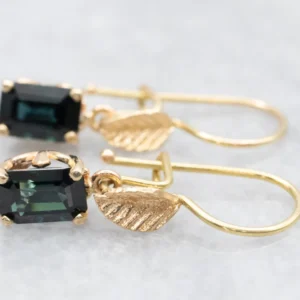 Gold Leaf Teal Sapphire Drop Earrings