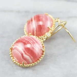 Industrieel Zwaar Belastbaar Gouden Rhodochrosite and Diamond Drop Earrings