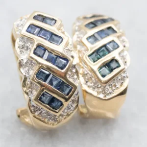 Modern Gold Sapphire and Diamond Drop Earrings