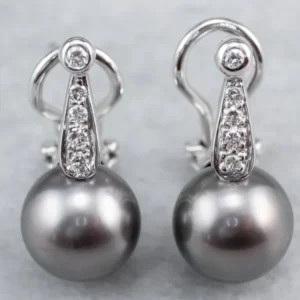 Ravenzwart Pearl and Diamond Drop Earrings voor beton en steen