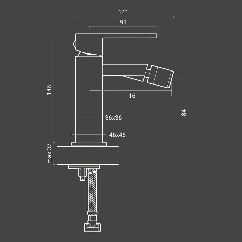 Single-lever Bidet Mixer Black RubiFlux Square Grafiet click-clack drain plug