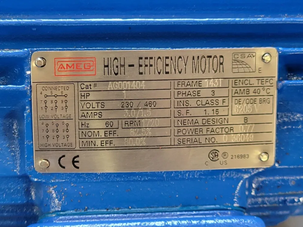 1 hp, 230/460 volts, 1720 rpm, 143T Electric Motor AG001404 voor Industriële Automatisering