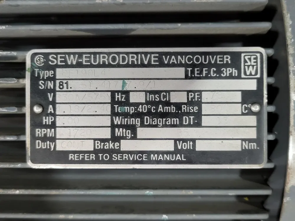 2 hp, 330/575 volts, 1720 rpm, 3ph, Electric Motor DFT90L4