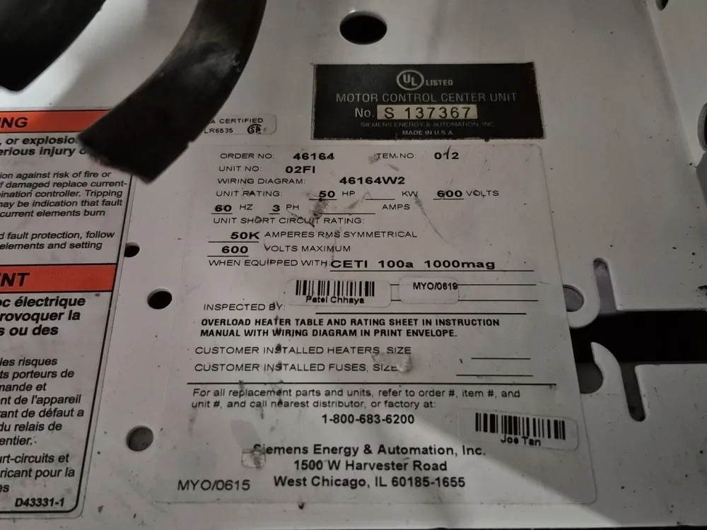 50 hp 600V 3-Ph Motor Control Center Bucket 02FI