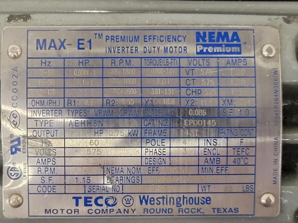 Hoge Kwaliteit DIN-rail 1 hp, 575 Volts, 1800 Rpm, 143T Uitgelezen Efficiency Inverter Duty Motor EP00145