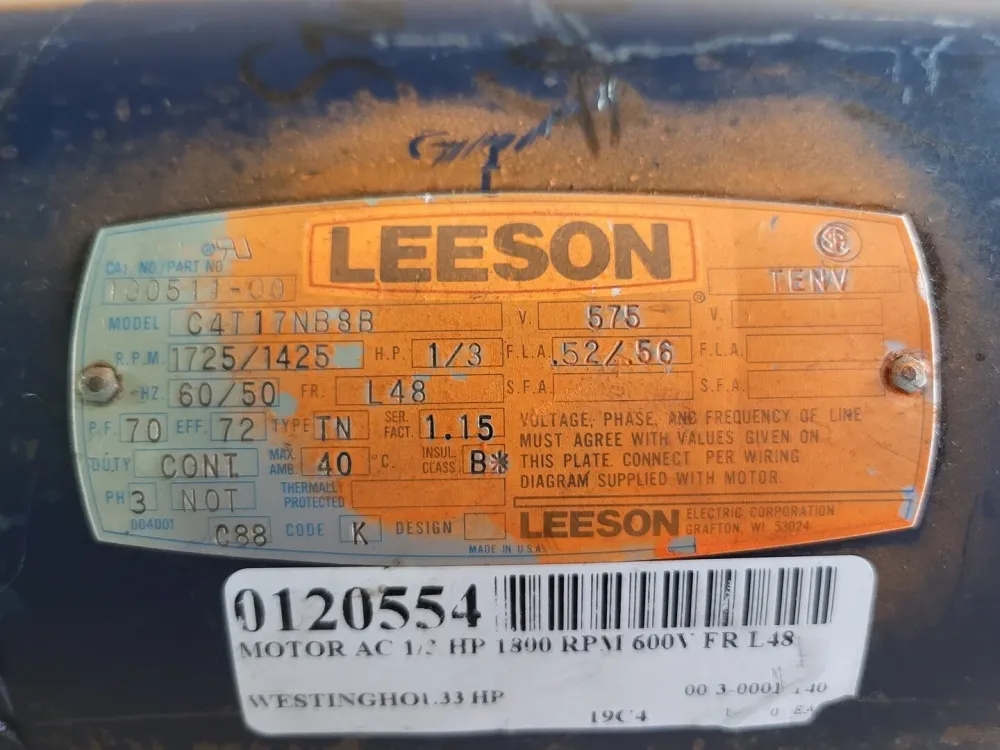 Industrieel Gecertificeerd 1/3 hp, 575 volts, 1725/1425 rpm L48 Electric Motor C4T17NB8B