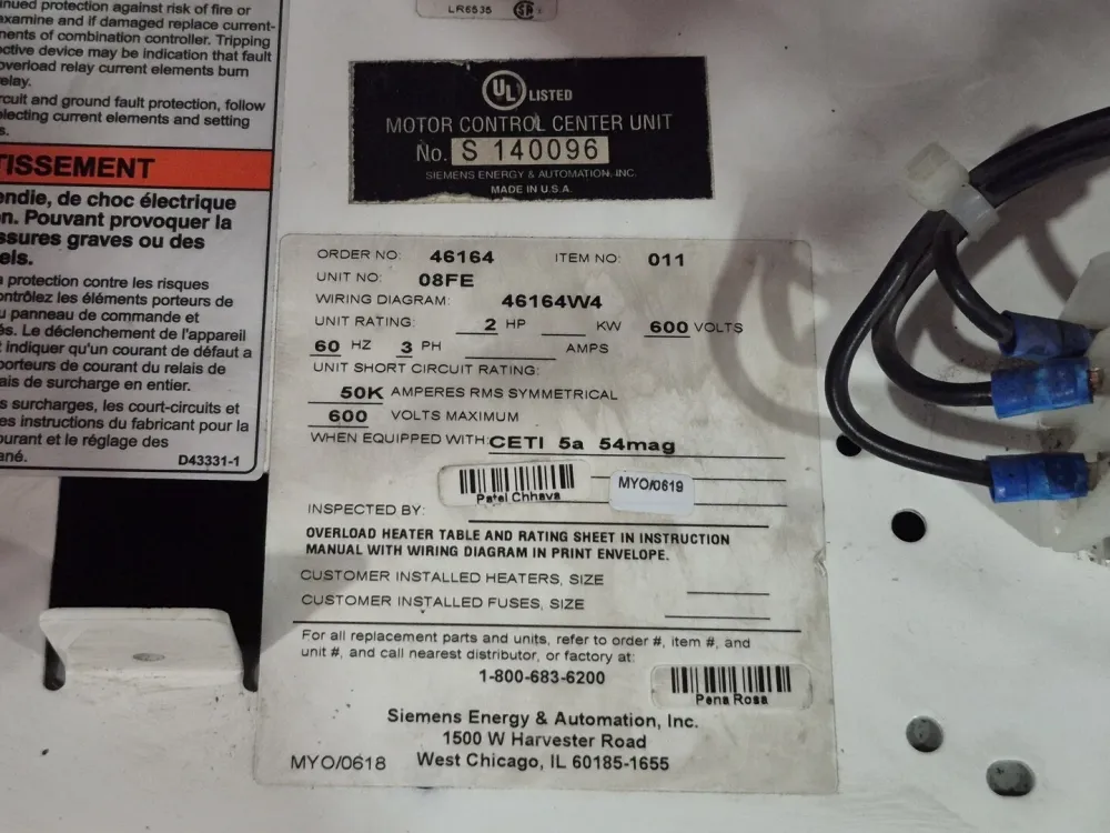 IP67 Waterdicht 2 hp 600V 3-Ph Motor Control Center Bucket 08FE