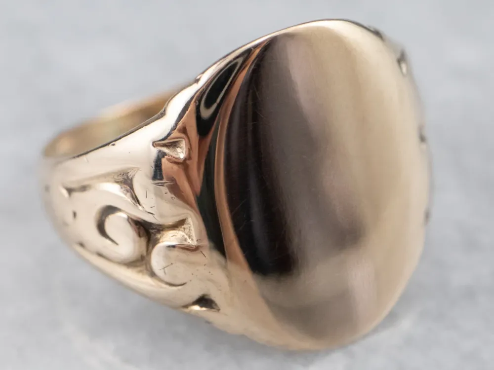 10K Rose Gouden Vintage Scroll Shoulder Oval Top Signet Ring