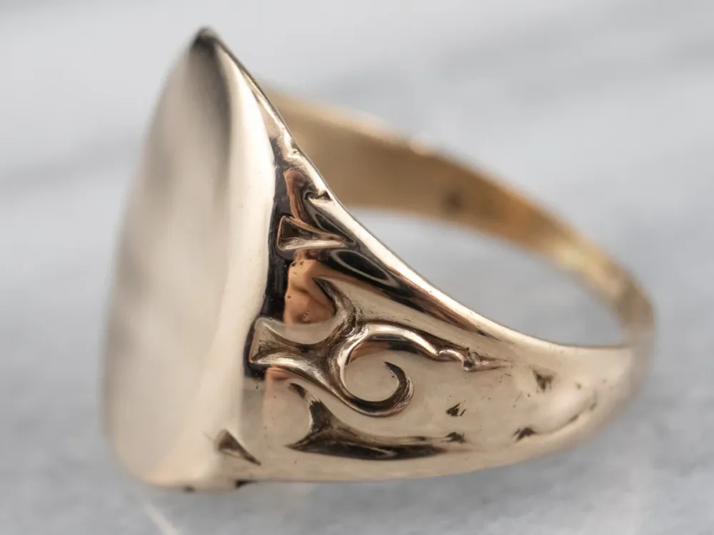 10K Rose Gouden Vintage Scroll Shoulder Oval Top Signet Ring