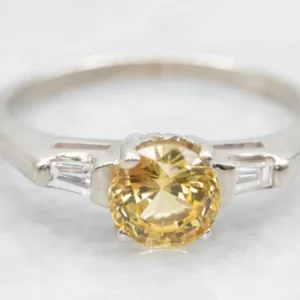 1950s Ouderwets Yellow Sapphire and Baguette Diamond Engagement Ring